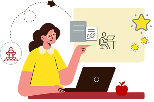 A white woman in a bright yellow shirt sits in front of her black laptop at a red desk, thinking about assessments and learning success