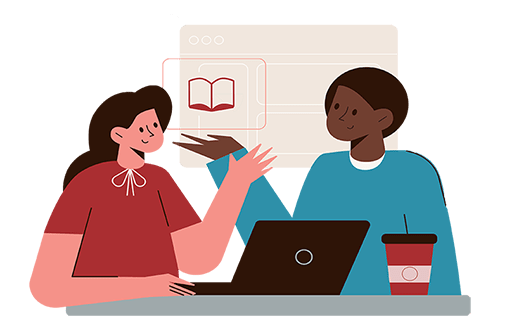 Two instructors, one white woman in a red shirt with bow and one black male instructor with a turquoise shirt sit at a desk and engage in a discussion.